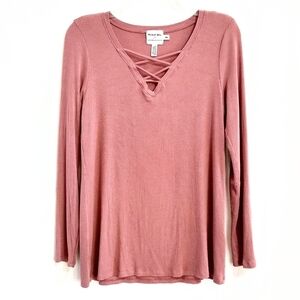 MICHAEL STARS Ribbed Soft Pink Long Sleeve Top Criss Cross Strap Detail